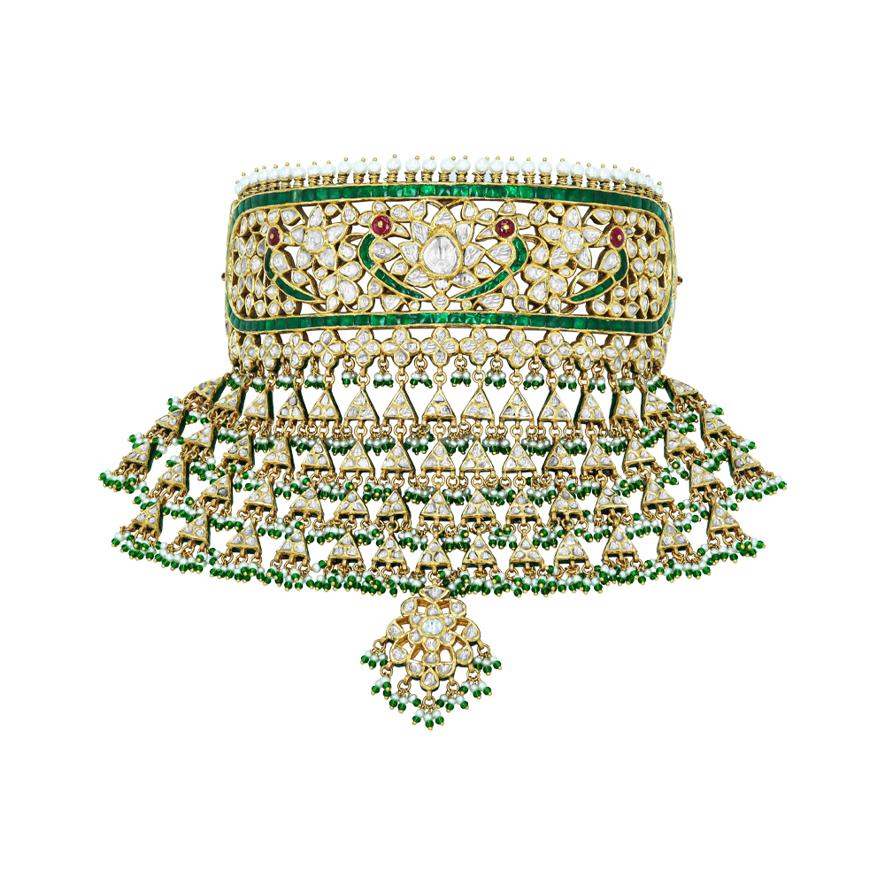 Traditional Polki Choker Aad with Emerald Accents and Pearl Fringe